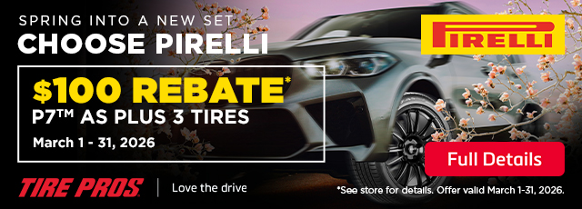 Get a $100* rebate prepaid card after online submission* on purchase of a qualifying set of Pirelli P7™ AS PLUS 3 Tires.

